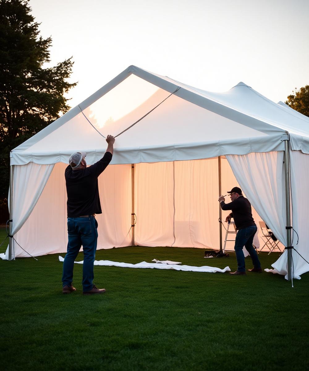 Team setting up a marquee frame on a lawn