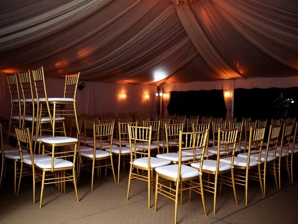 Gold chiavari event chairs arranged inside a marquee