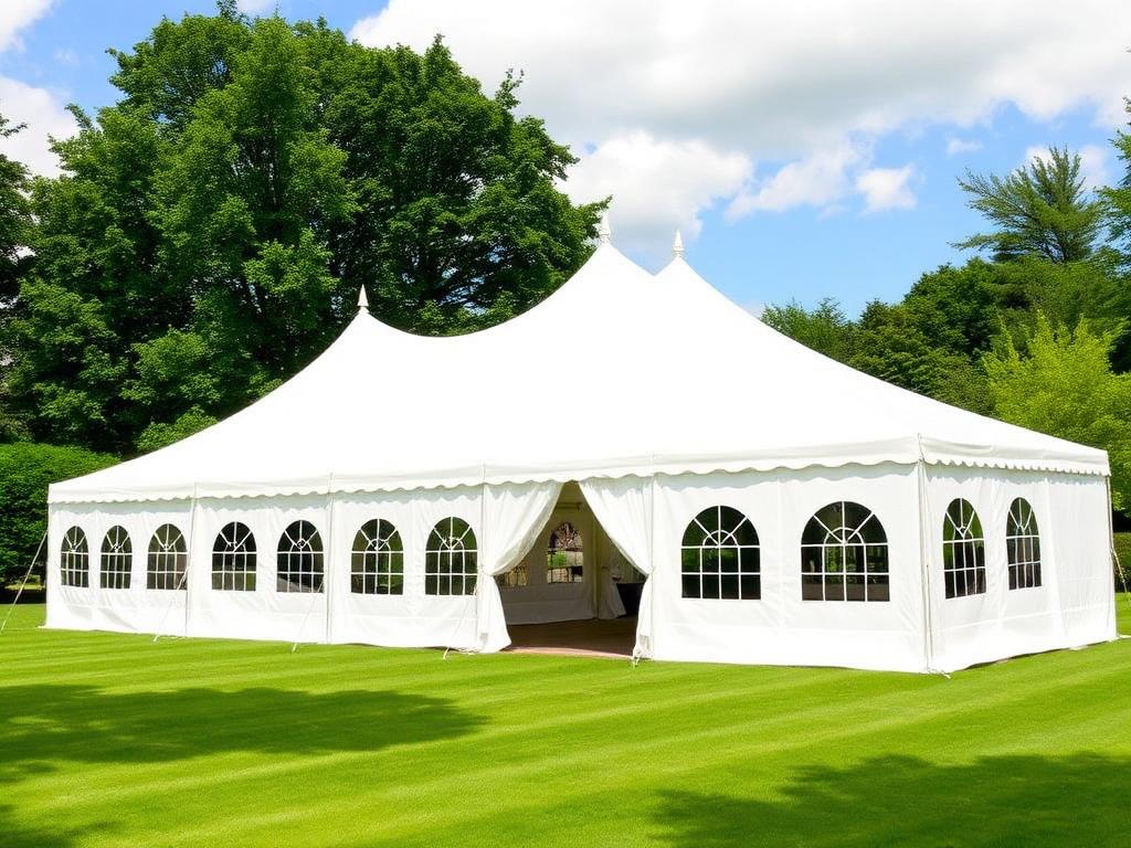 White marquee erected on a garden lawn