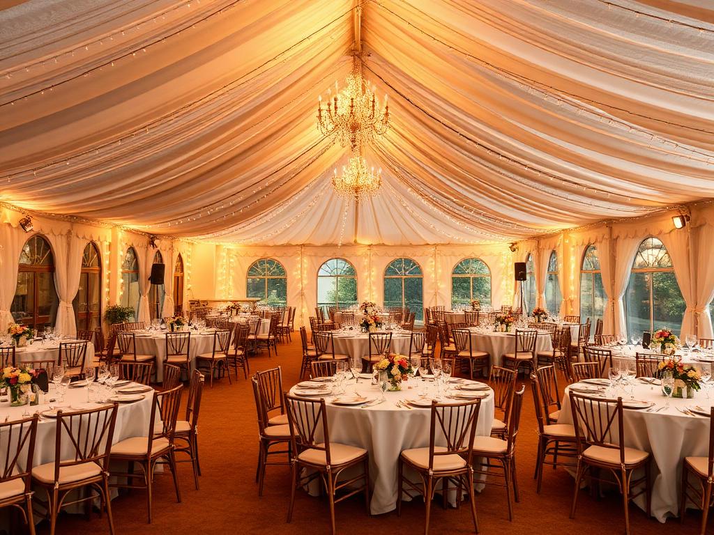 Fully set up marquee interior with tables and chairs ready for guests