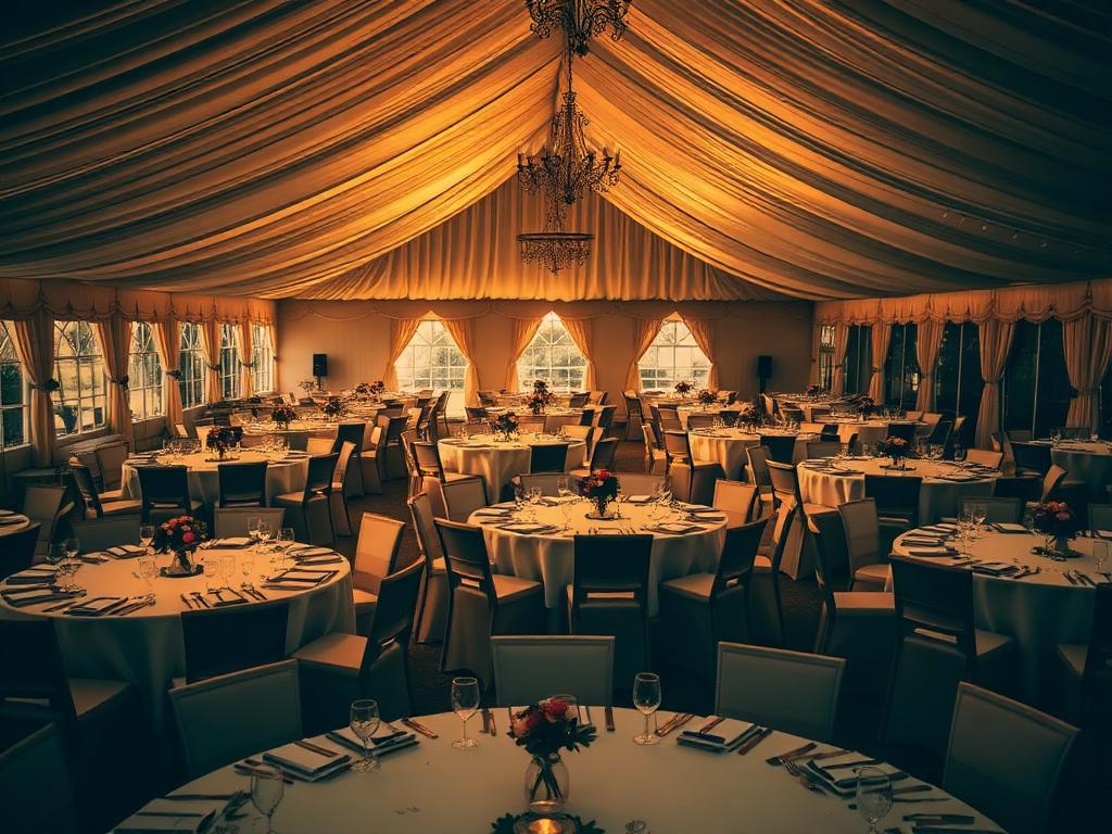 Round banquet tables dressed with white linen inside a marquee