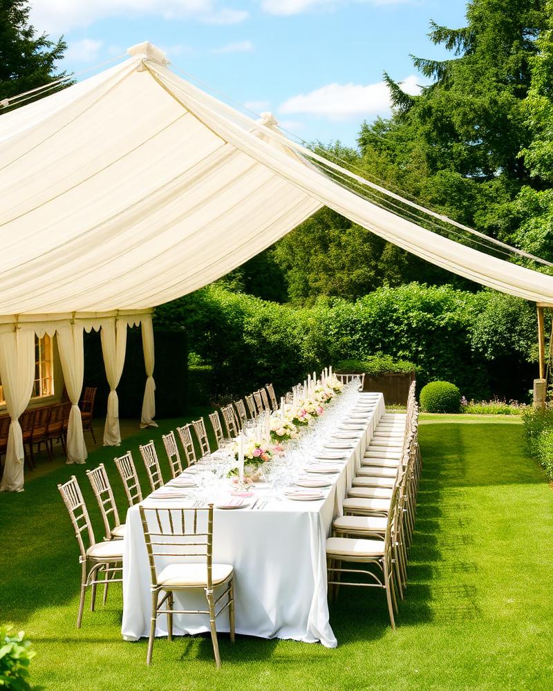 Garden Parties marquee, table and chair hire setup
